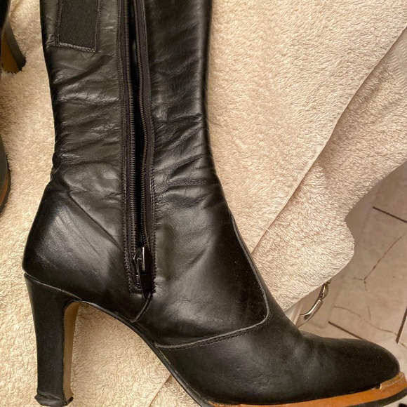 Black leather 14” high boots plus 3” heel and gold metal tip detail on toes. - Picture 1 of 5